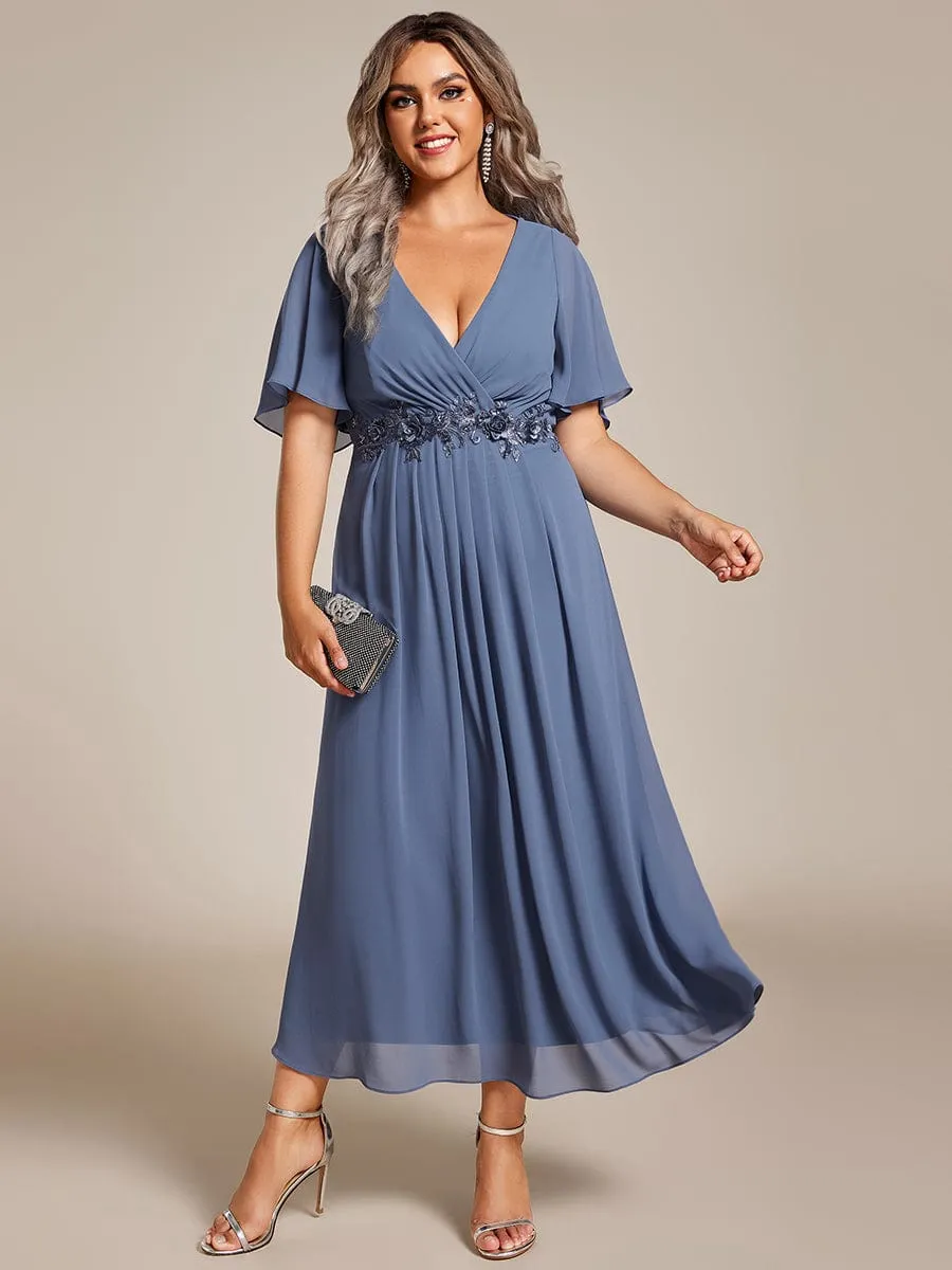 Floral Applique Short Sleeve V-Neck Chiffon Bridesmaid Dress