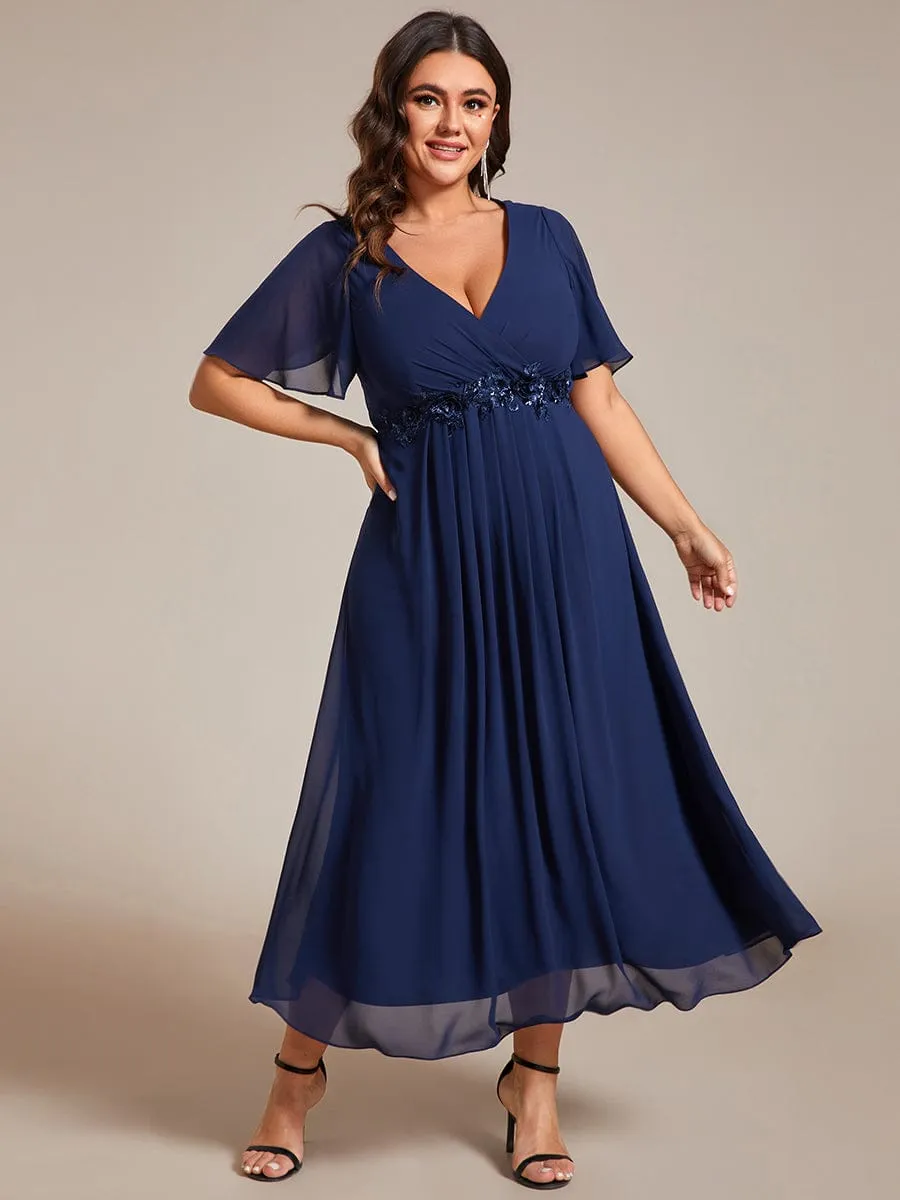Floral Applique Short Sleeve V-Neck Chiffon Bridesmaid Dress