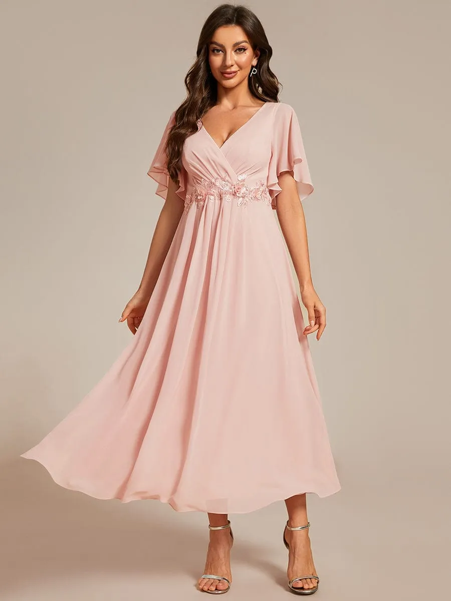 Floral Applique Short Sleeve V-Neck Chiffon Bridesmaid Dress