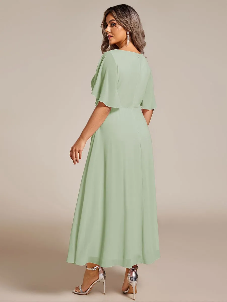 Floral Applique Short Sleeve V-Neck Chiffon Bridesmaid Dress