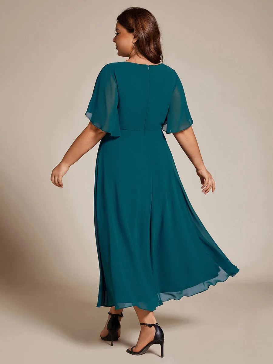 Floral Applique Short Sleeve V-Neck Chiffon Bridesmaid Dress