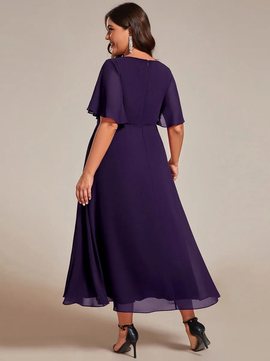 Floral Applique Short Sleeve V-Neck Chiffon Bridesmaid Dress