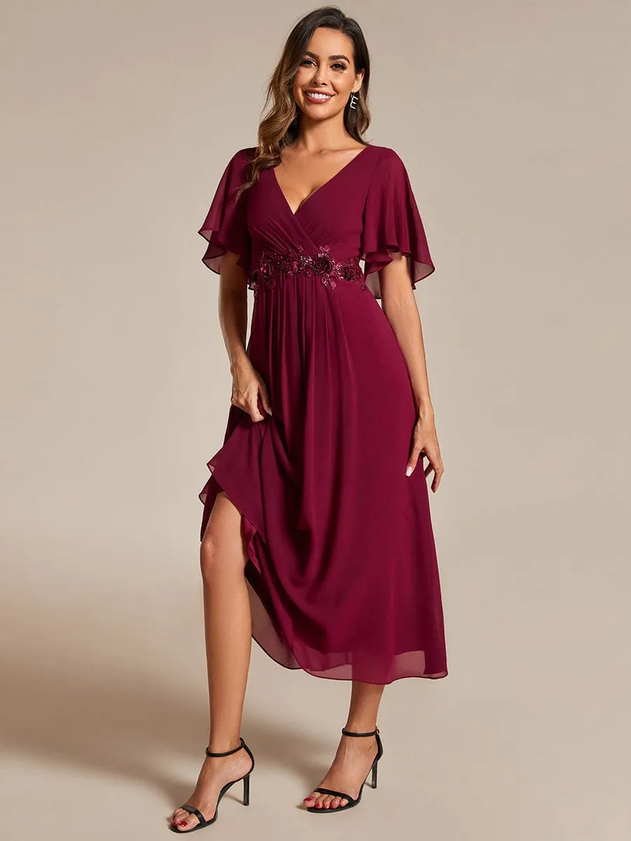 Floral Applique Short Sleeve V-Neck Chiffon Bridesmaid Dress