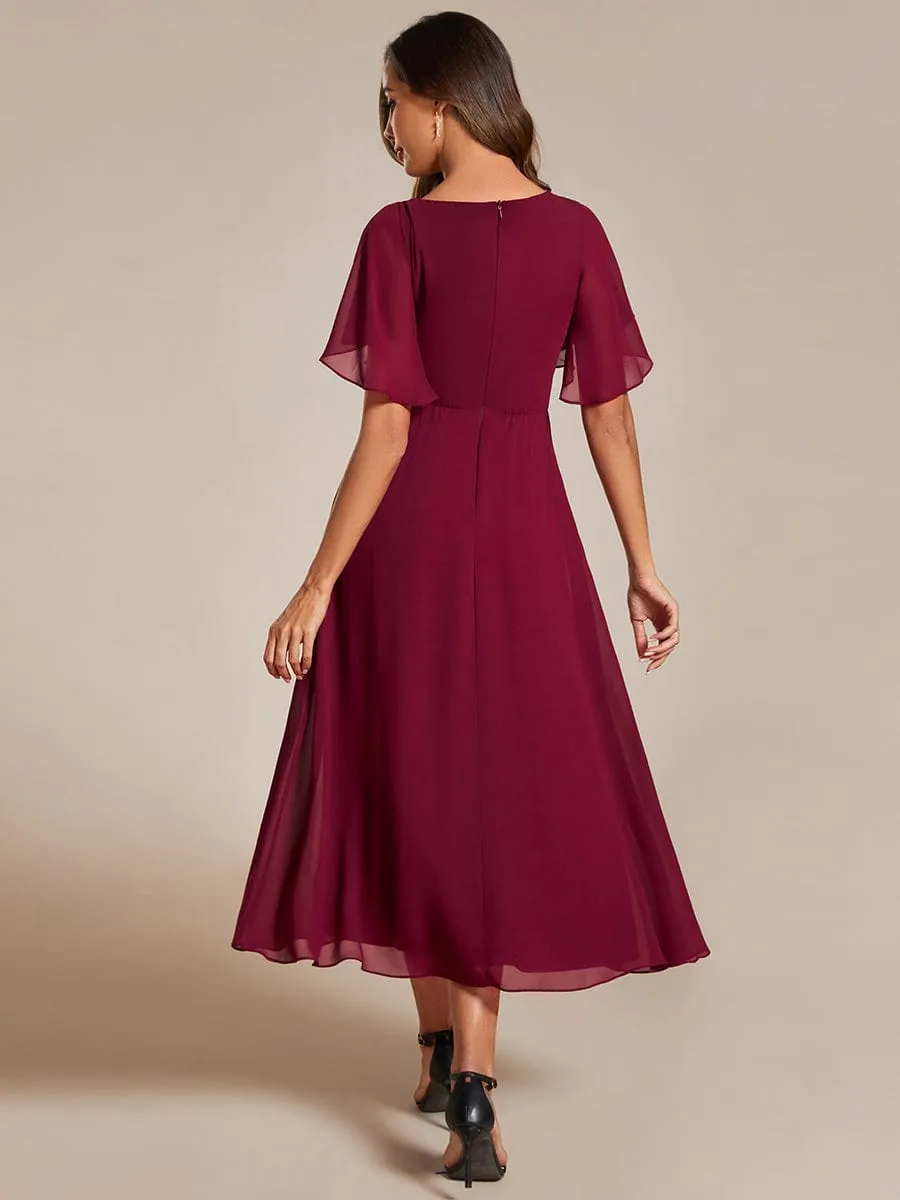 Floral Applique Short Sleeve V-Neck Chiffon Bridesmaid Dress