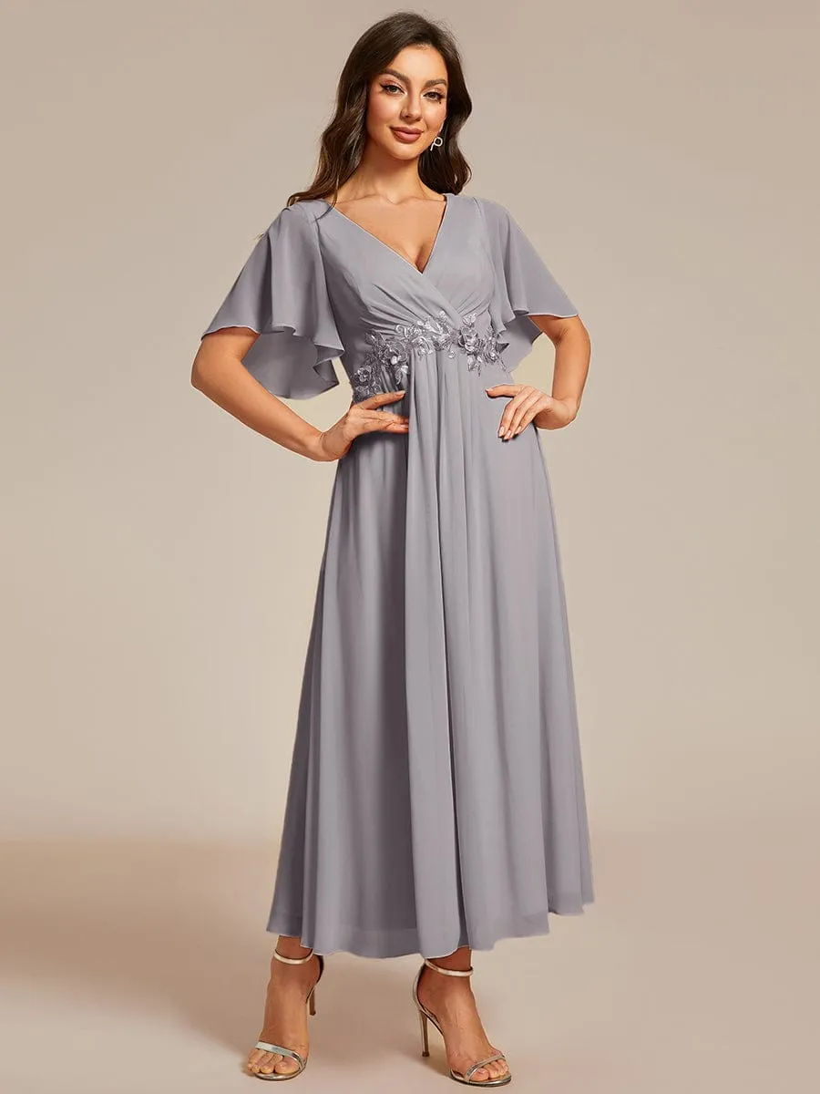 Floral Applique Short Sleeve V-Neck Chiffon Bridesmaid Dress