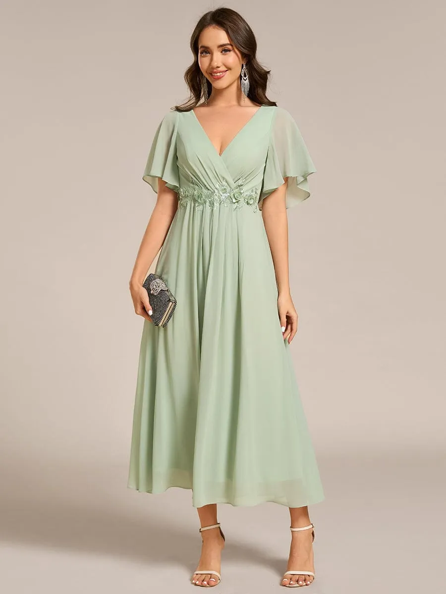 Floral Applique Short Sleeve V-Neck Chiffon Bridesmaid Dress