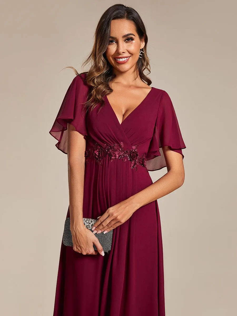 Floral Applique Short Sleeve V-Neck Chiffon Bridesmaid Dress