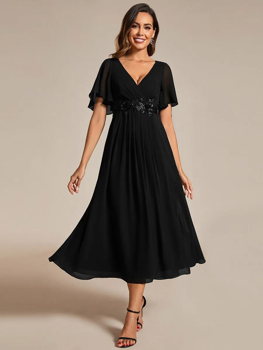 Floral Applique Short Sleeve V-Neck Chiffon Bridesmaid Dress