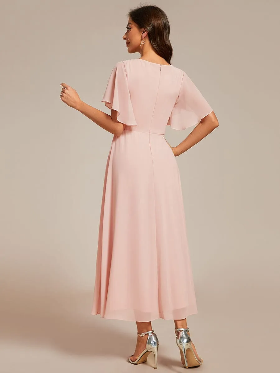 Floral Applique Short Sleeve V-Neck Chiffon Bridesmaid Dress