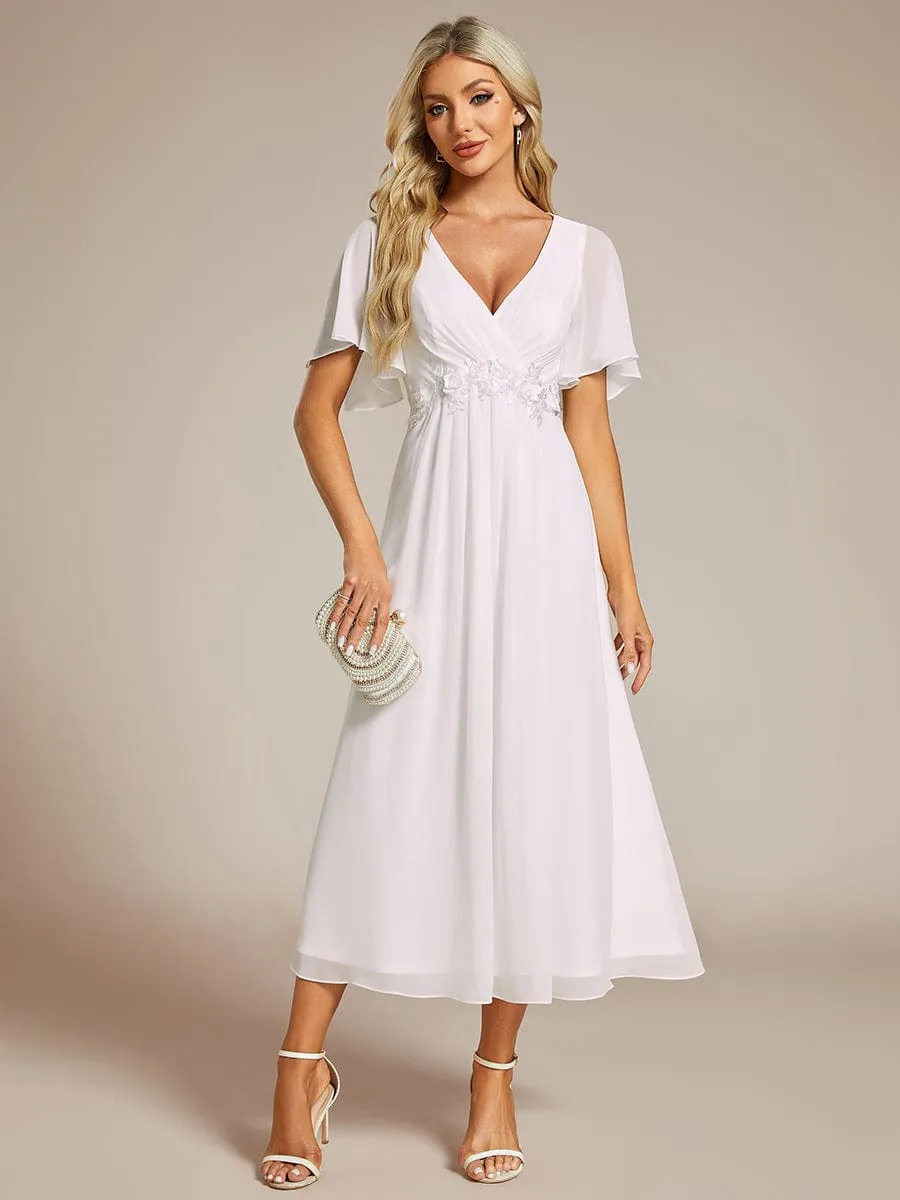 Floral Applique Short Sleeve V-Neck Chiffon Bridesmaid Dress