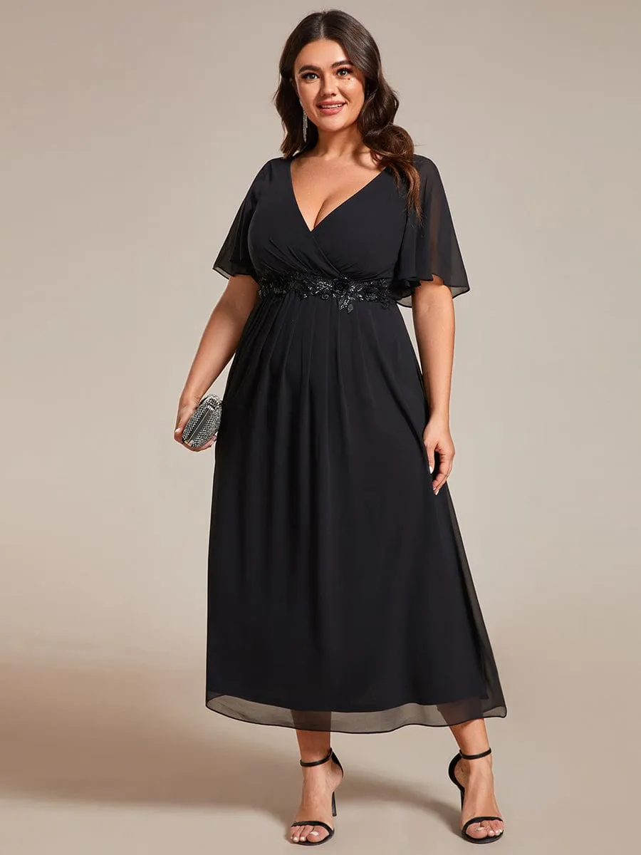Floral Applique Short Sleeve V-Neck Chiffon Bridesmaid Dress