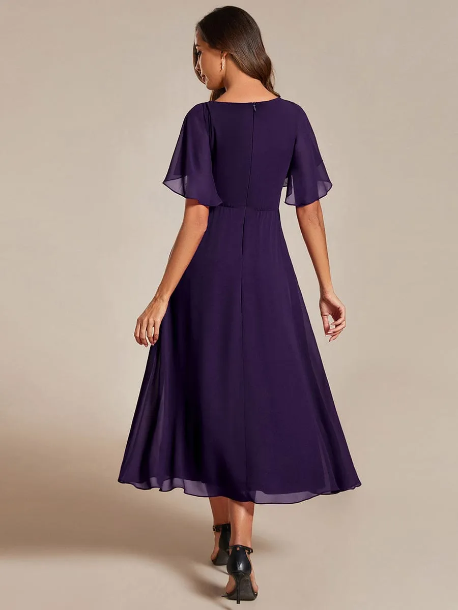Floral Applique Short Sleeve V-Neck Chiffon Bridesmaid Dress