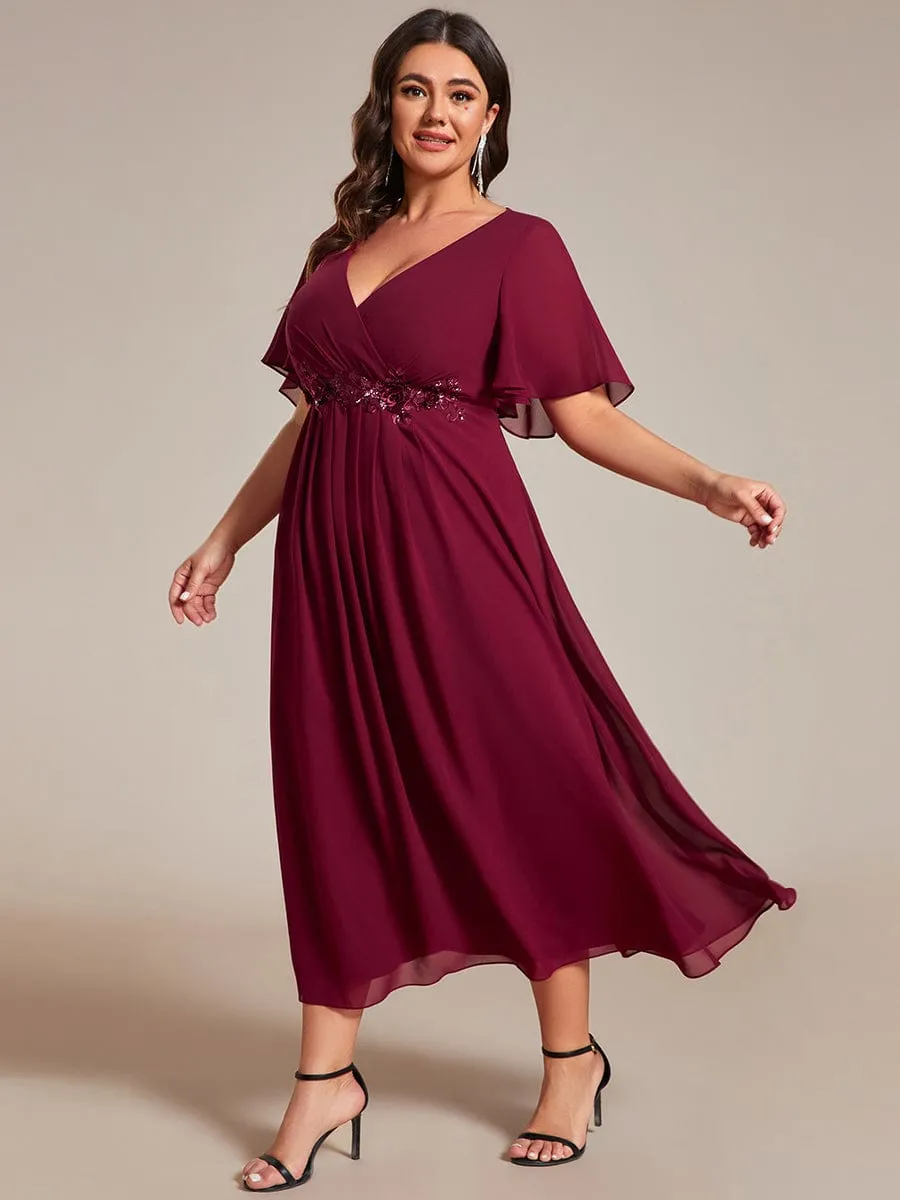 Floral Applique Short Sleeve V-Neck Chiffon Bridesmaid Dress