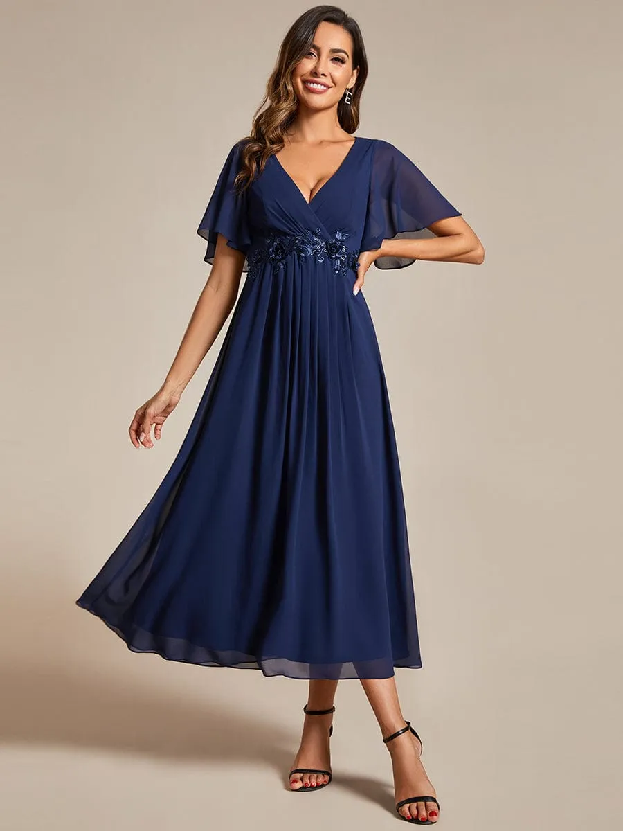 Floral Applique Short Sleeve V-Neck Chiffon Bridesmaid Dress
