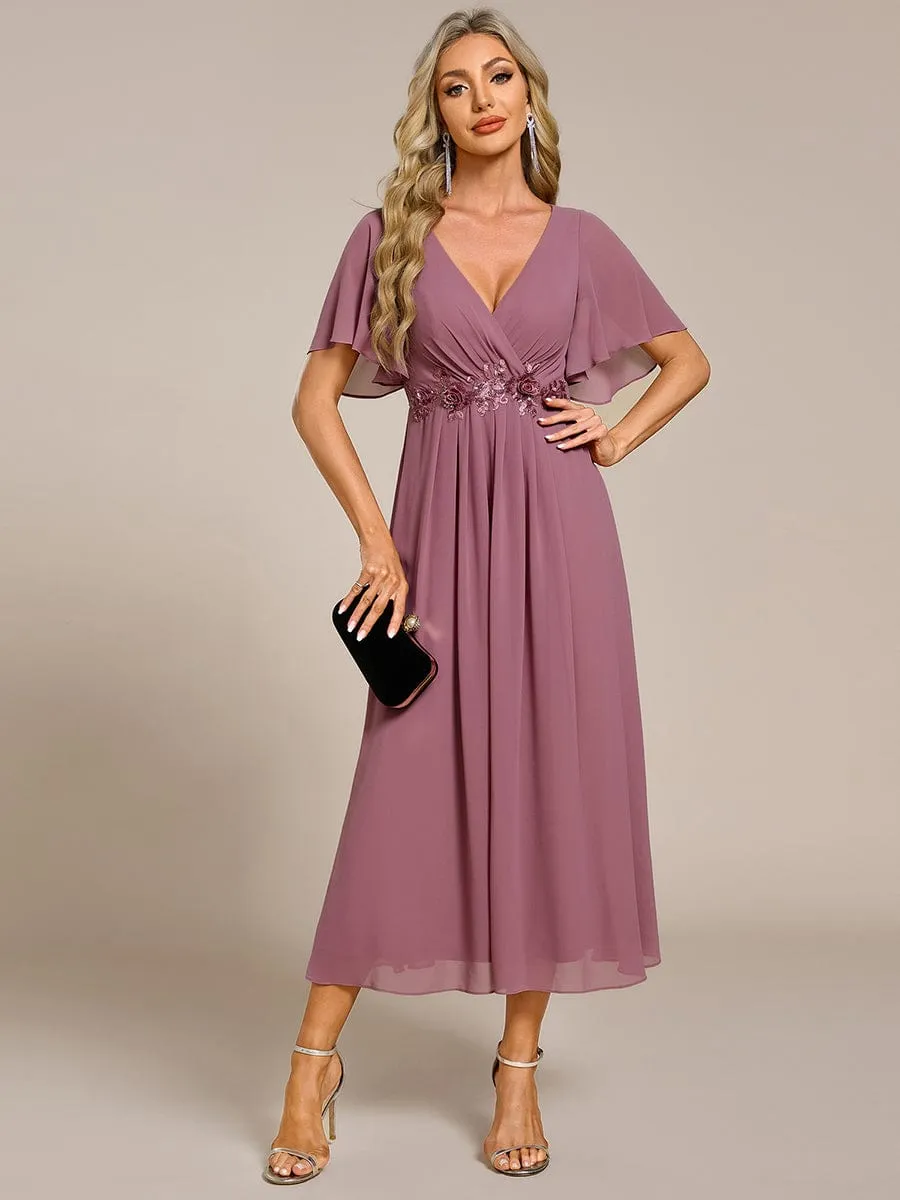 Floral Applique Short Sleeve V-Neck Chiffon Bridesmaid Dress