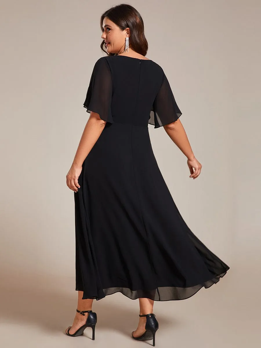 Floral Applique Short Sleeve V-Neck Chiffon Bridesmaid Dress