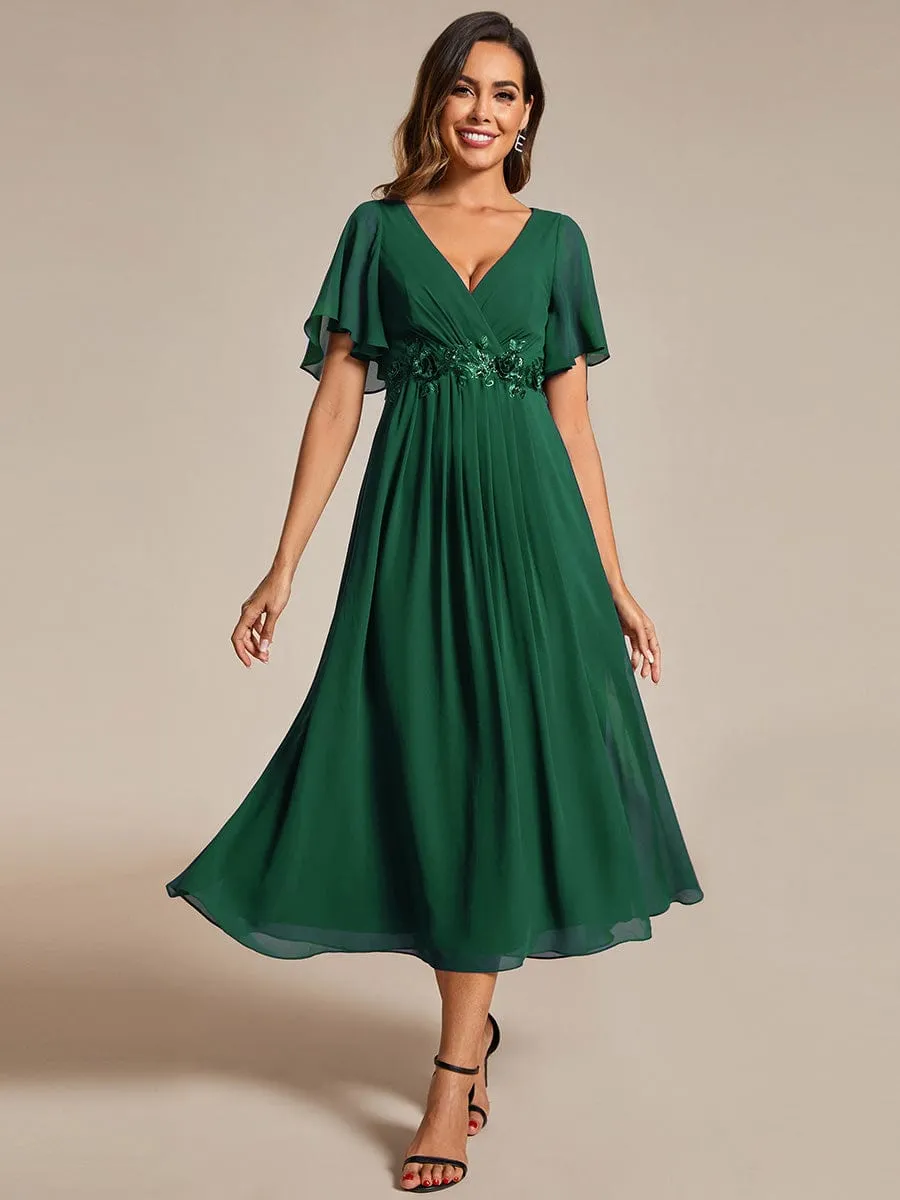 Floral Applique Short Sleeve V-Neck Chiffon Bridesmaid Dress