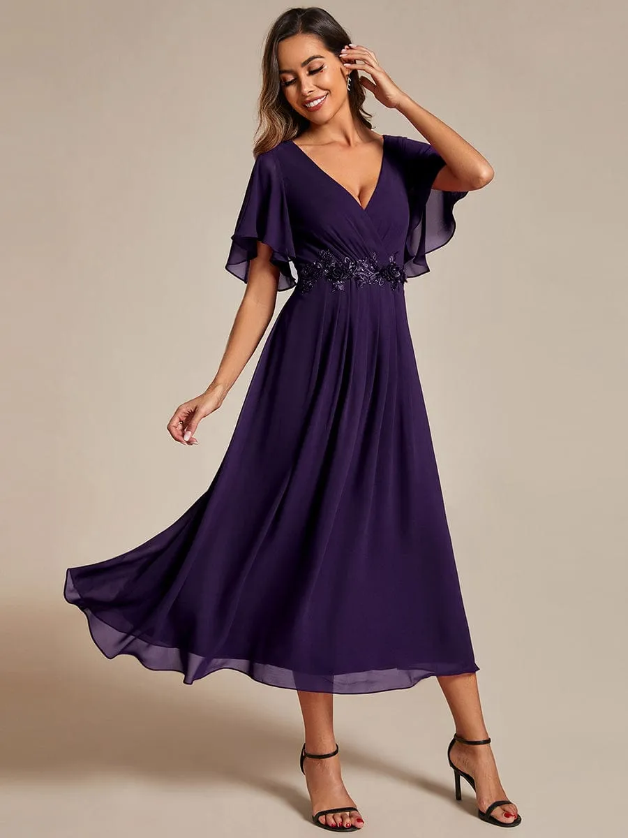 Floral Applique Short Sleeve V-Neck Chiffon Bridesmaid Dress