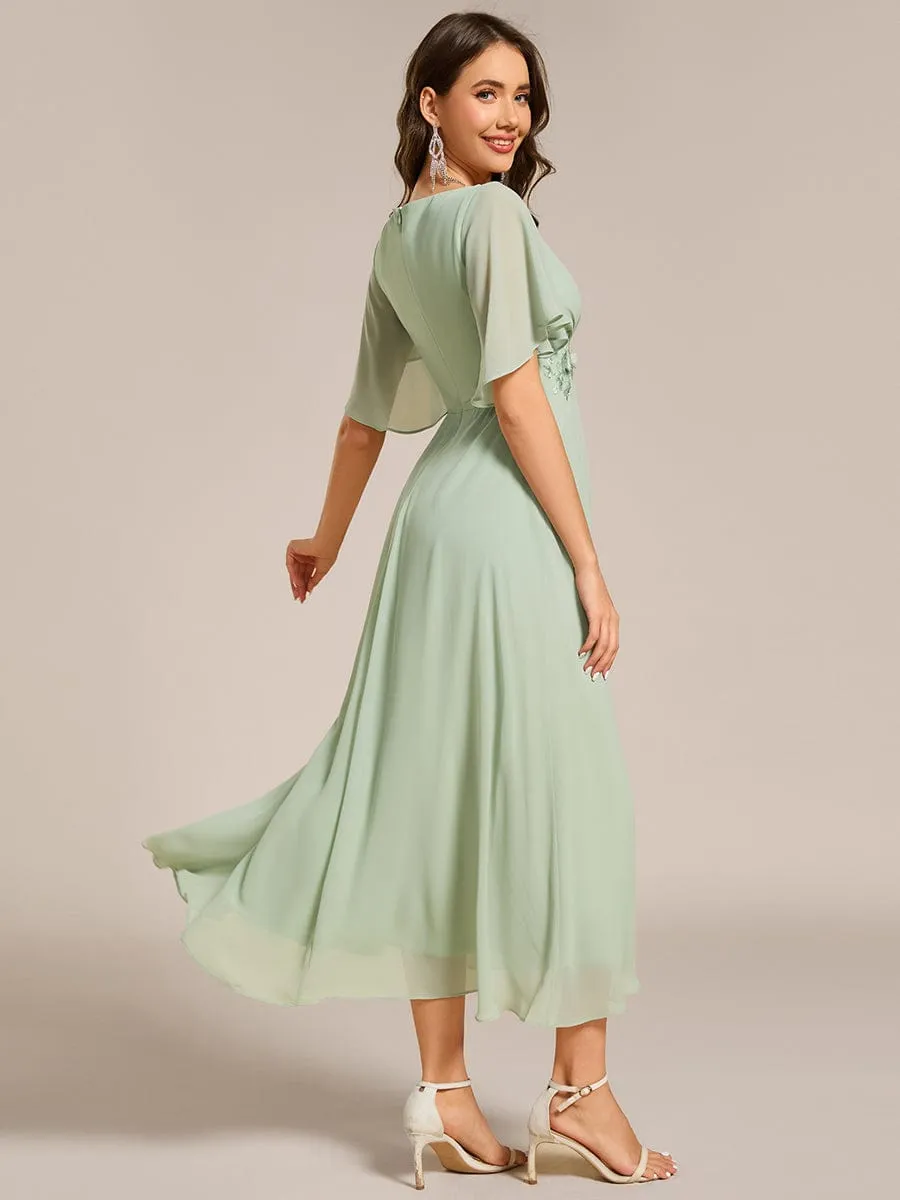 Floral Applique Short Sleeve V-Neck Chiffon Bridesmaid Dress