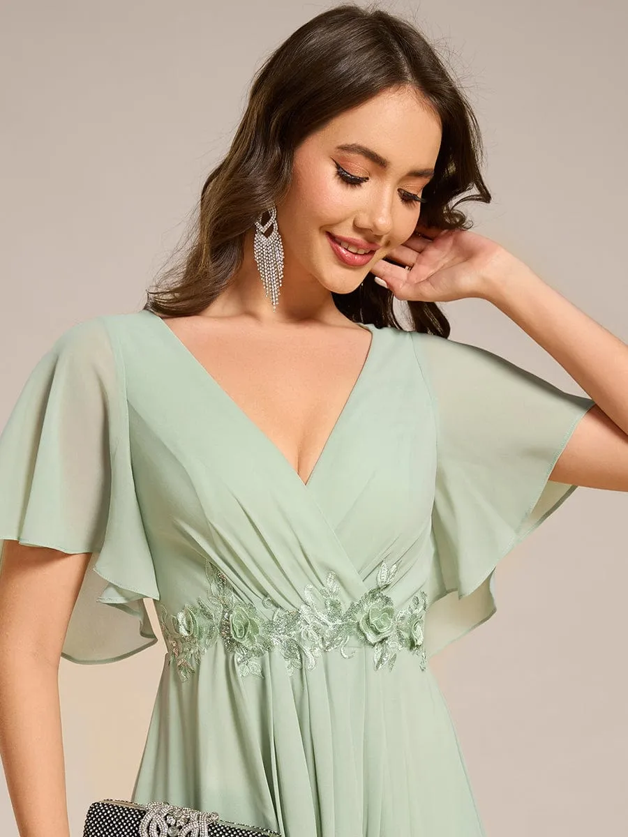 Floral Applique Short Sleeve V-Neck Chiffon Bridesmaid Dress