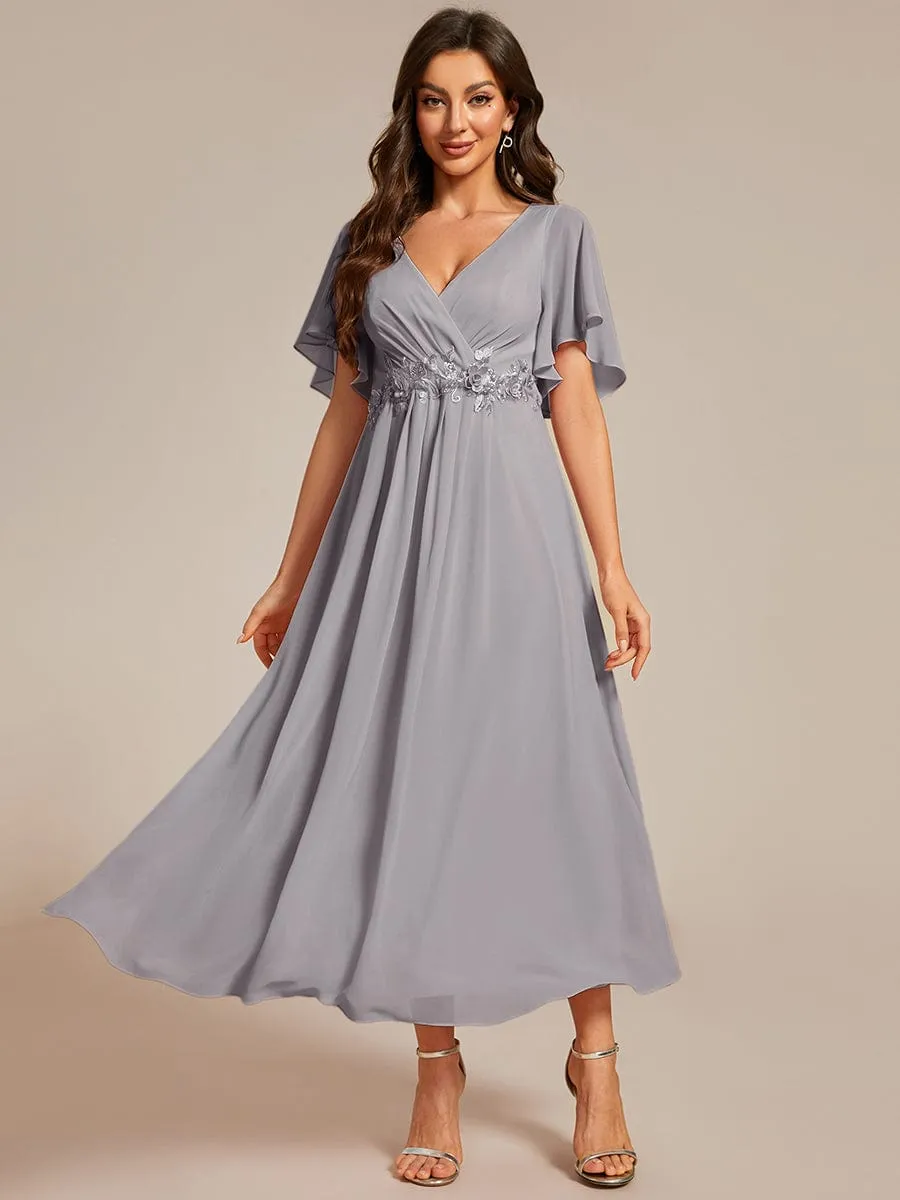 Floral Applique Short Sleeve V-Neck Chiffon Bridesmaid Dress
