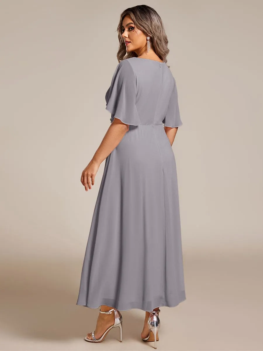 Floral Applique Short Sleeve V-Neck Chiffon Bridesmaid Dress