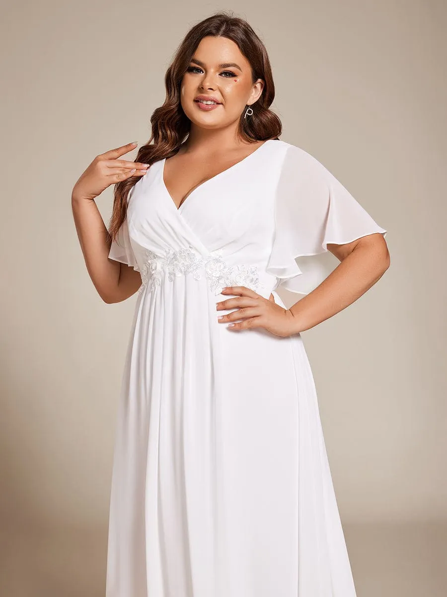Floral Applique Short Sleeve V-Neck Chiffon Bridesmaid Dress