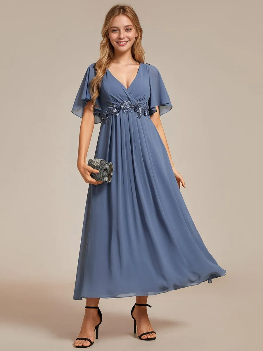 Floral Applique Short Sleeve V-Neck Chiffon Bridesmaid Dress