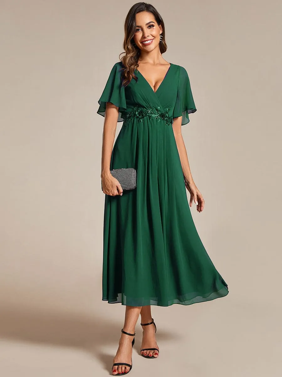 Floral Applique Short Sleeve V-Neck Chiffon Bridesmaid Dress