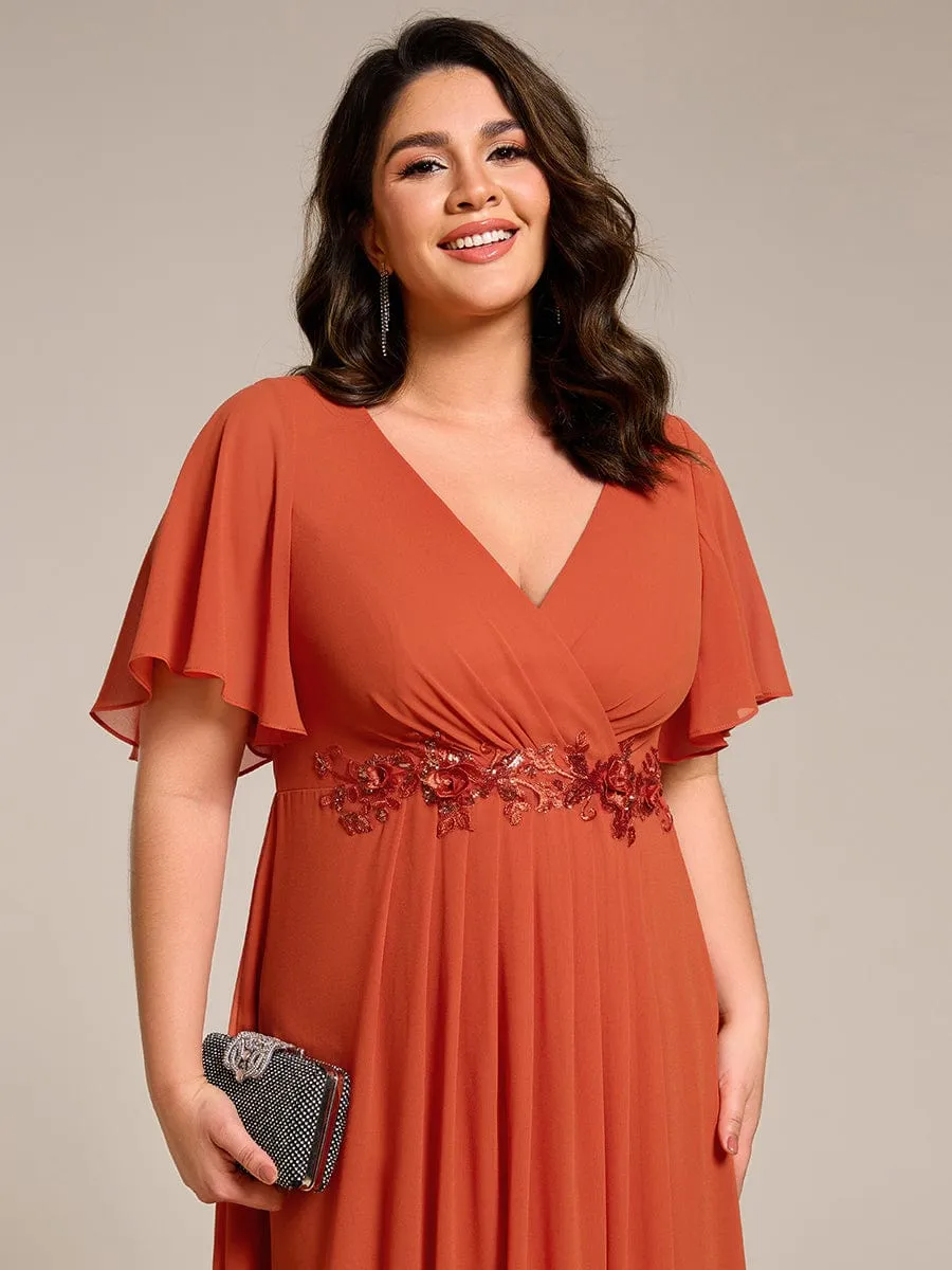 Floral Applique Short Sleeve V-Neck Chiffon Bridesmaid Dress