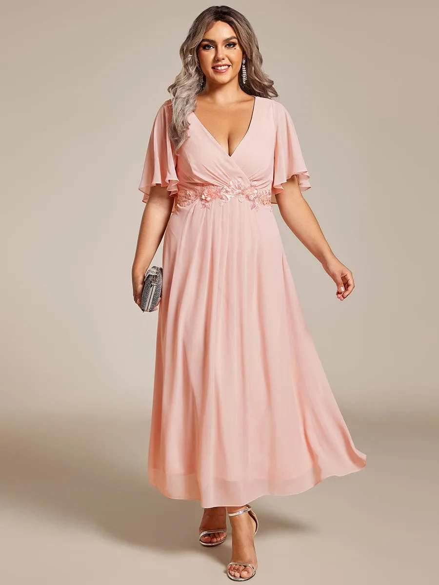 Floral Applique Short Sleeve V-Neck Chiffon Bridesmaid Dress