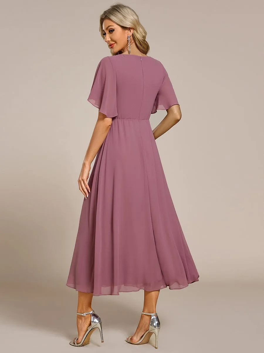 Floral Applique Short Sleeve V-Neck Chiffon Bridesmaid Dress
