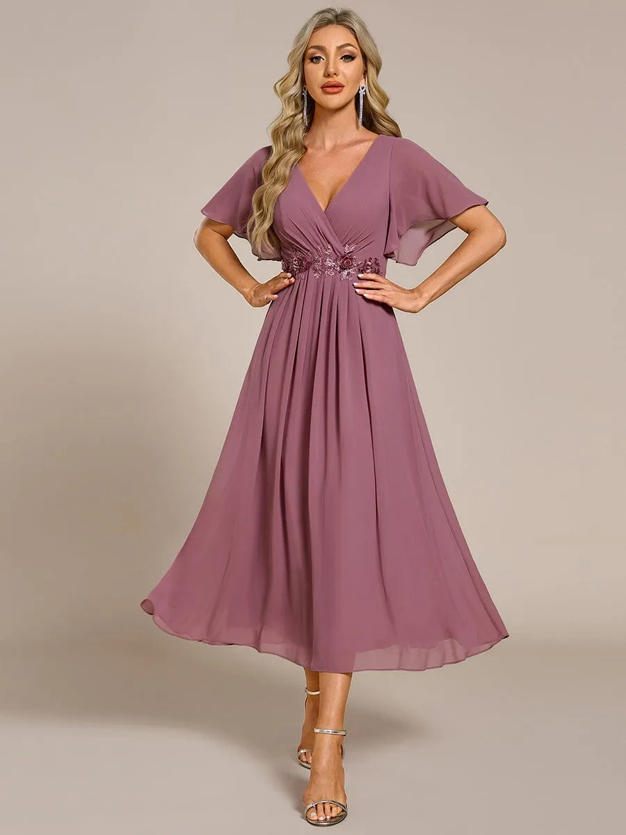 Floral Applique Short Sleeve V-Neck Chiffon Bridesmaid Dress