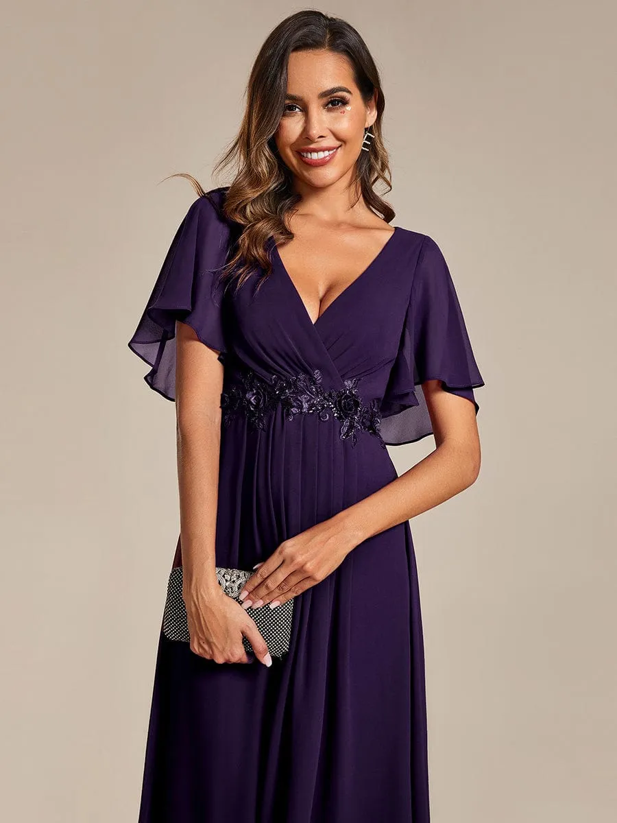 Floral Applique Short Sleeve V-Neck Chiffon Bridesmaid Dress