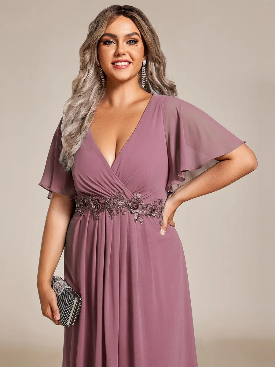 Floral Applique Short Sleeve V-Neck Chiffon Bridesmaid Dress