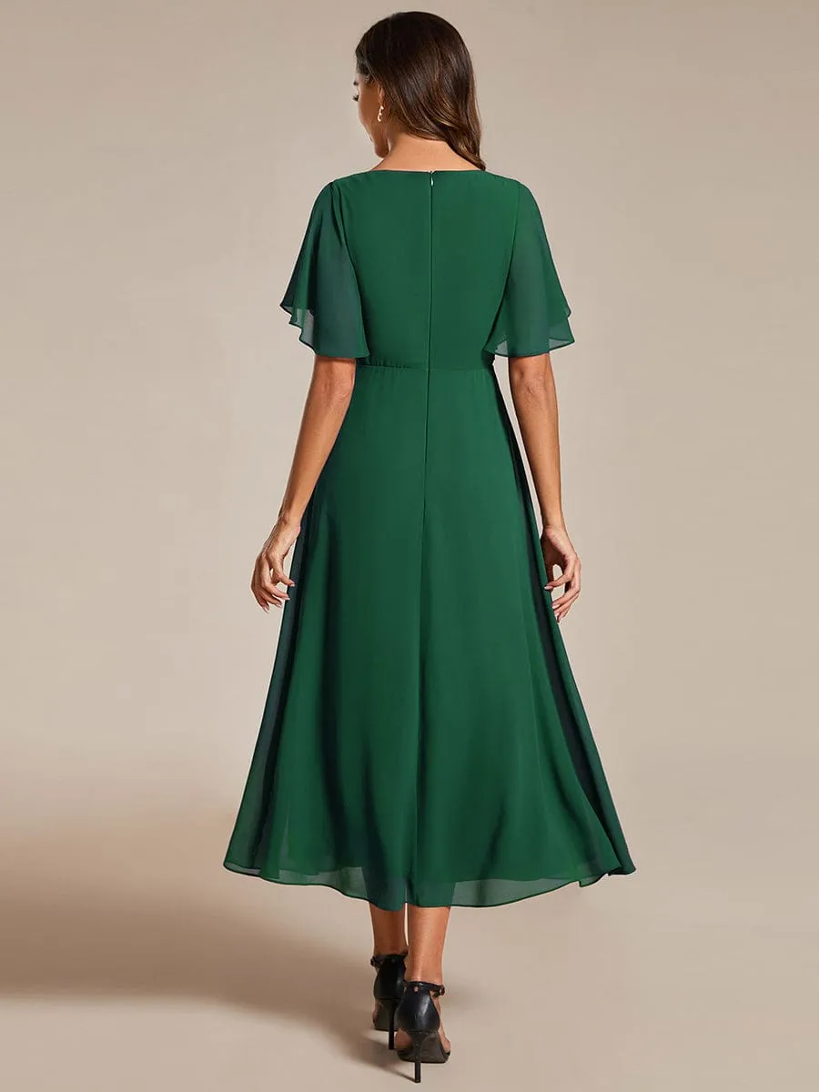Floral Applique Short Sleeve V-Neck Chiffon Bridesmaid Dress