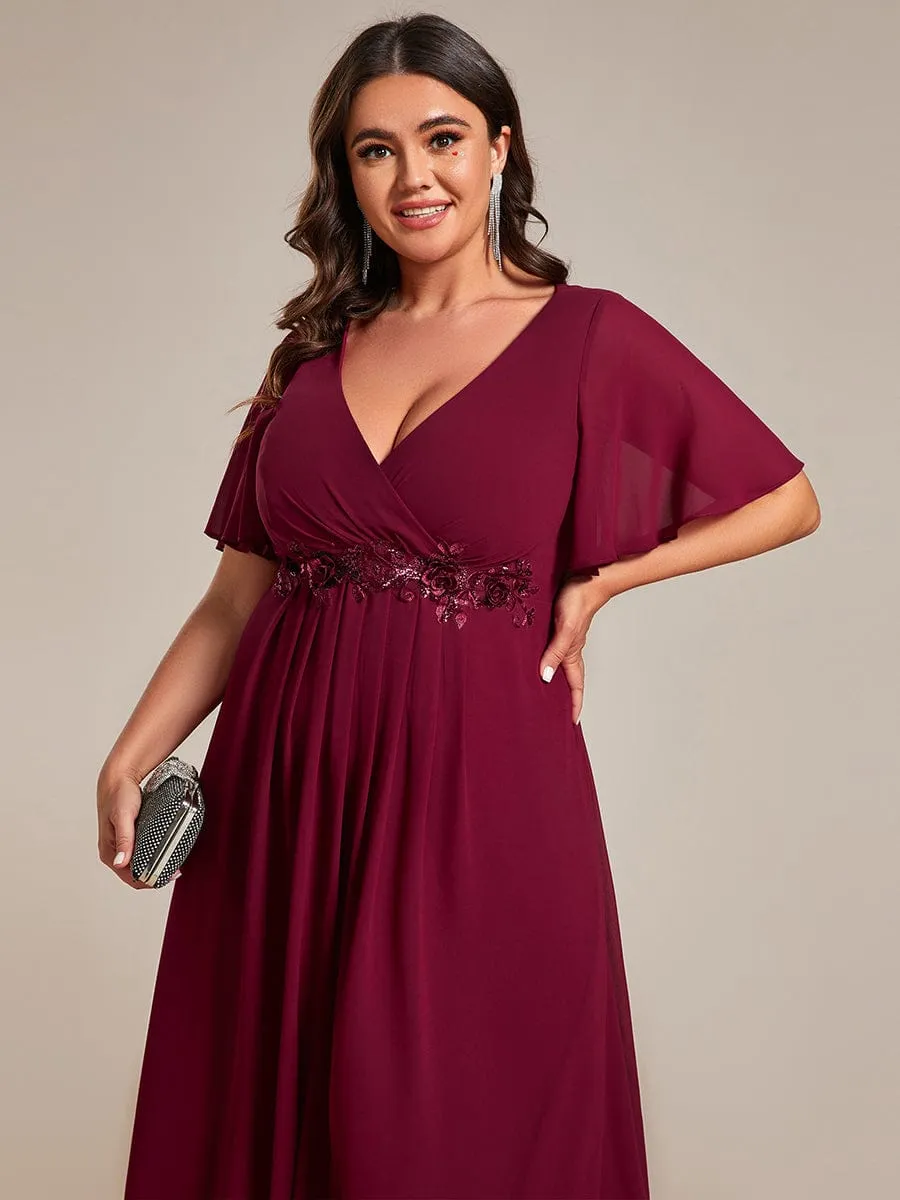 Floral Applique Short Sleeve V-Neck Chiffon Bridesmaid Dress