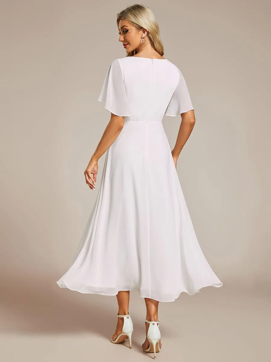 Floral Applique Short Sleeve V-Neck Chiffon Bridesmaid Dress
