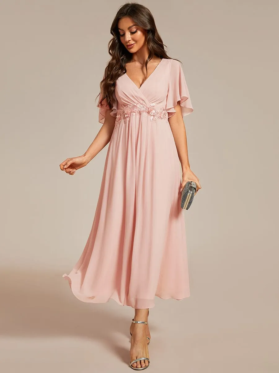 Floral Applique Short Sleeve V-Neck Chiffon Bridesmaid Dress
