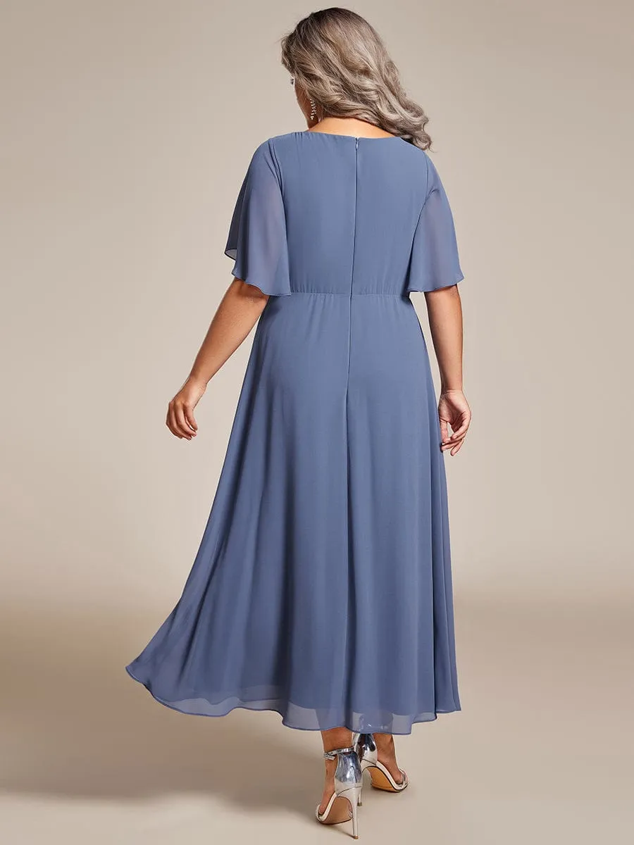 Floral Applique Short Sleeve V-Neck Chiffon Bridesmaid Dress