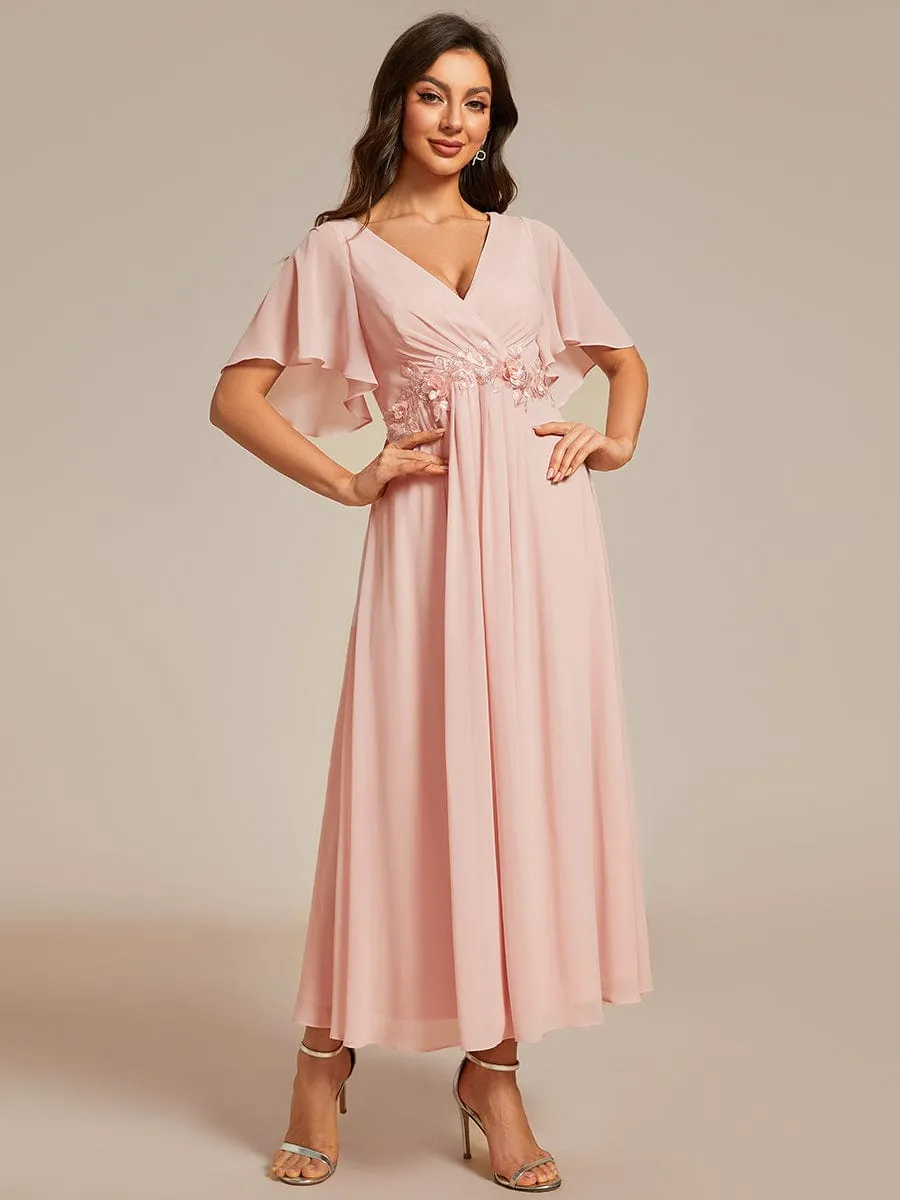 Floral Applique Short Sleeve V-Neck Chiffon Bridesmaid Dress