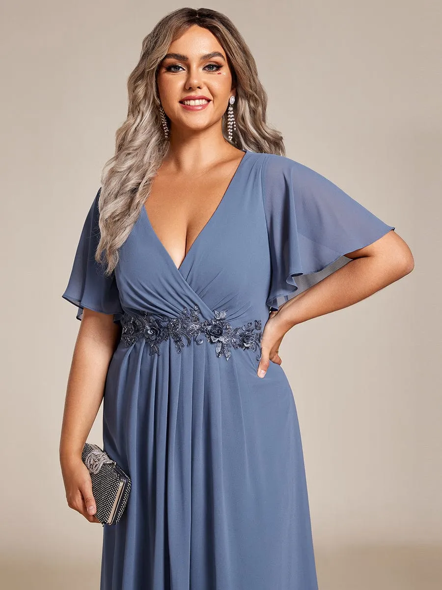Floral Applique Short Sleeve V-Neck Chiffon Bridesmaid Dress