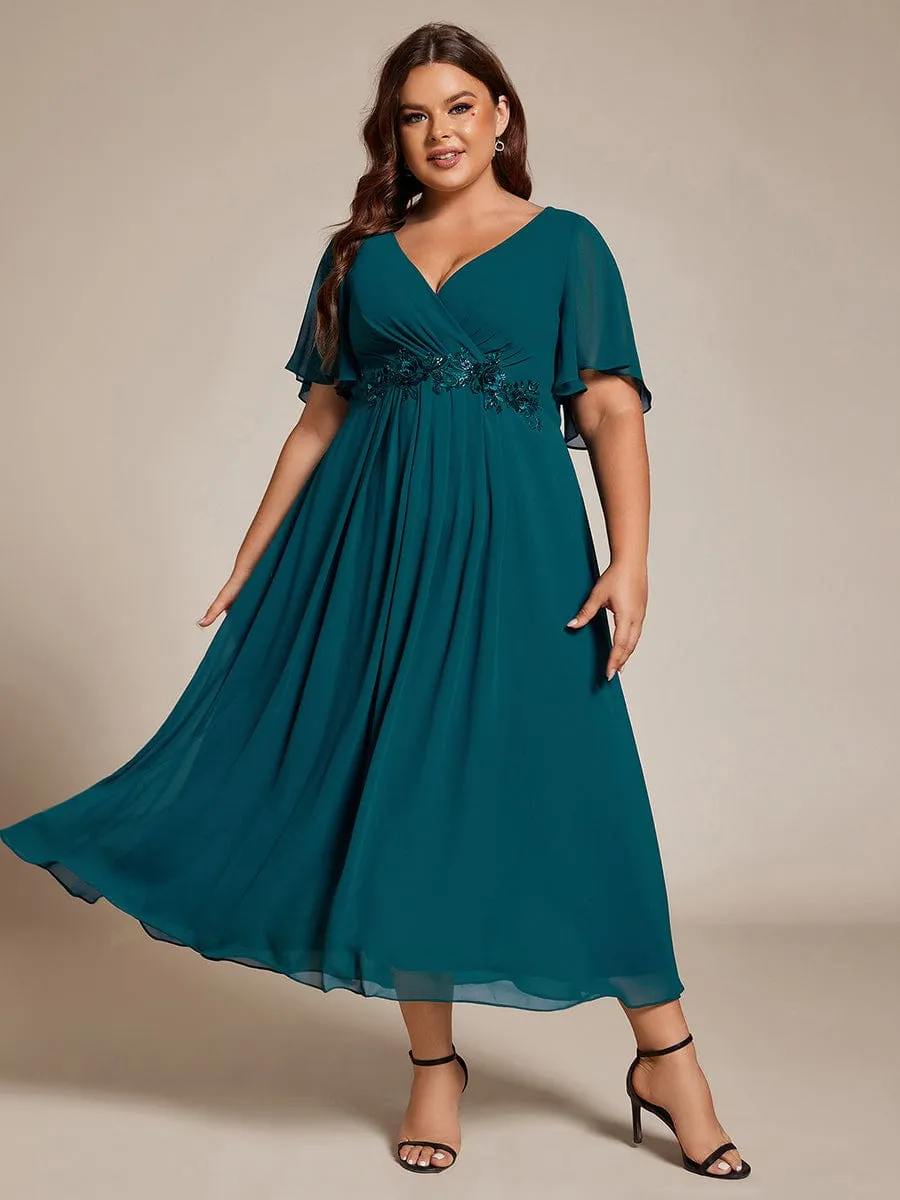 Floral Applique Short Sleeve V-Neck Chiffon Bridesmaid Dress