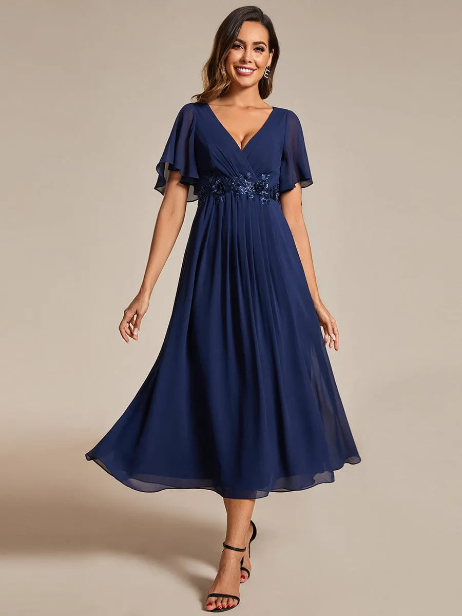 Floral Applique Short Sleeve V-Neck Chiffon Bridesmaid Dress