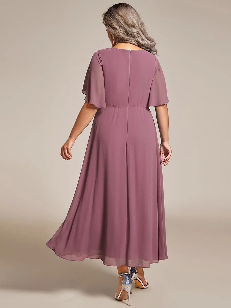 Floral Applique Short Sleeve V-Neck Chiffon Bridesmaid Dress