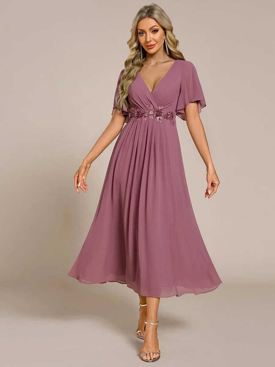 Floral Applique Short Sleeve V-Neck Chiffon Bridesmaid Dress