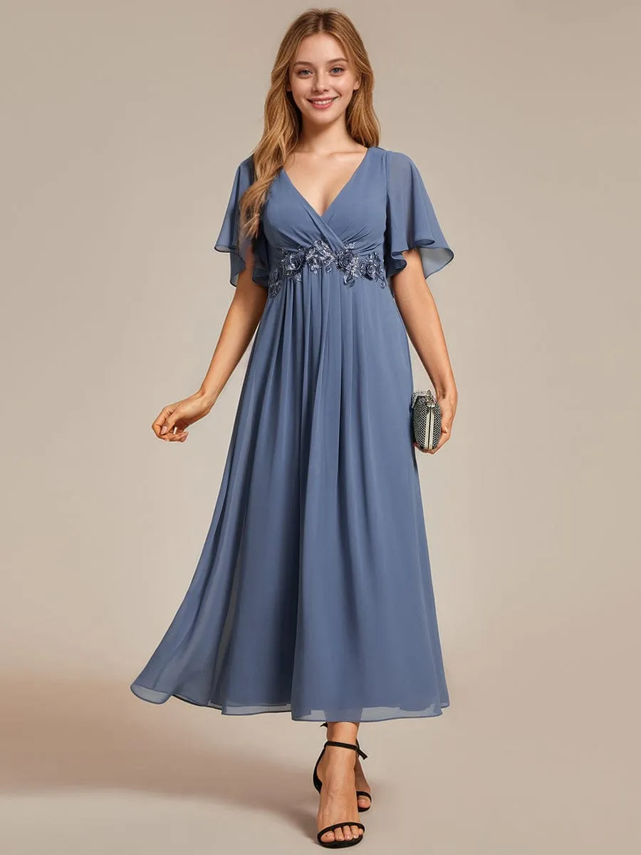 Floral Applique Short Sleeve V-Neck Chiffon Bridesmaid Dress