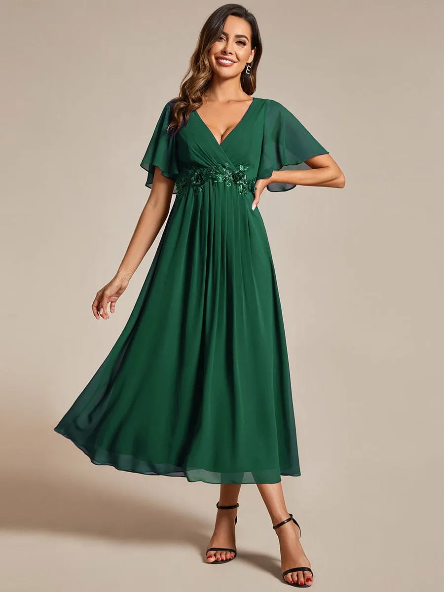 Floral Applique Short Sleeve V-Neck Chiffon Bridesmaid Dress