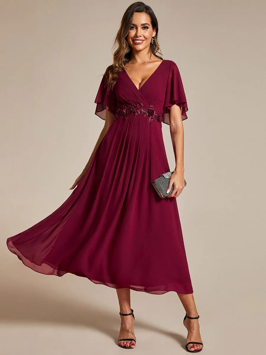 Floral Applique Short Sleeve V-Neck Chiffon Bridesmaid Dress