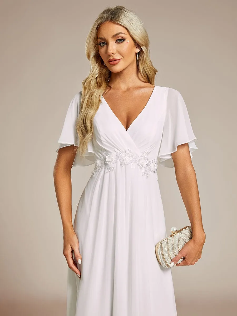 Floral Applique Short Sleeve V-Neck Chiffon Bridesmaid Dress